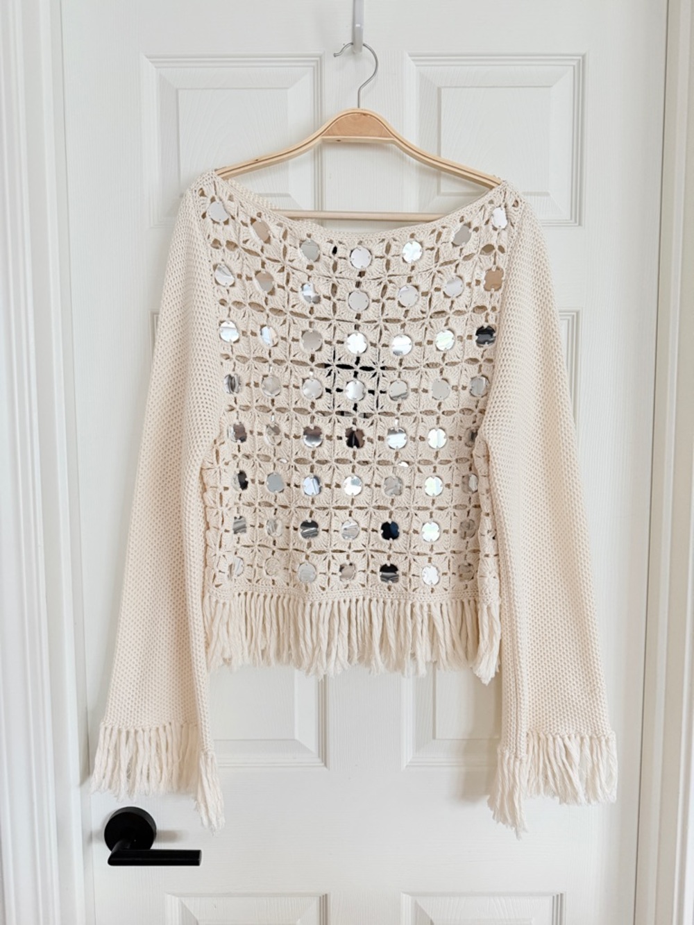 🌞 Toccin Camilla Mirrored Crochet Fringe Sweater Top Cream Off-White Large L - Picture 3 of 14